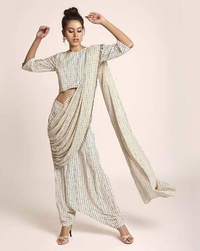 cream printed art crepe crop top & low crotch pants with attached drape dupatta