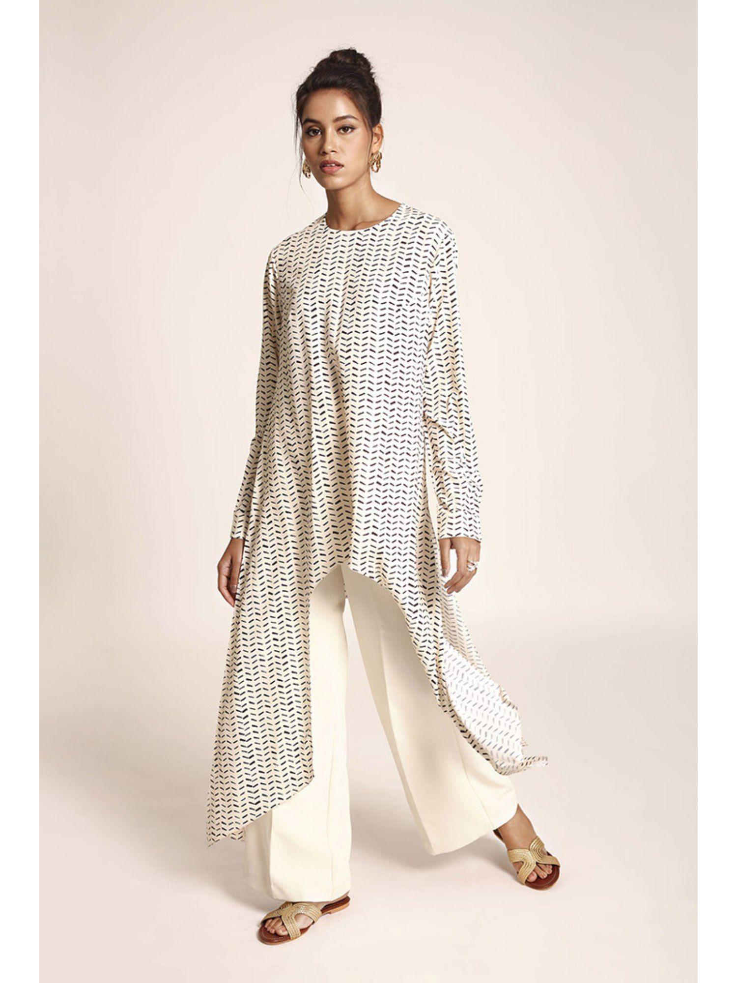 cream printed art crepe kurta