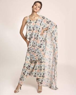 cream printed art crepe top and low crotch pants with attached art georgette drape dupatta