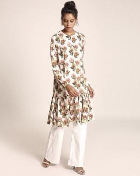 cream printed art crepe tunic