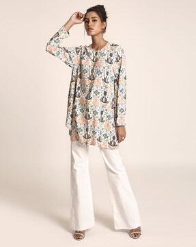 cream printed art crepe tunic