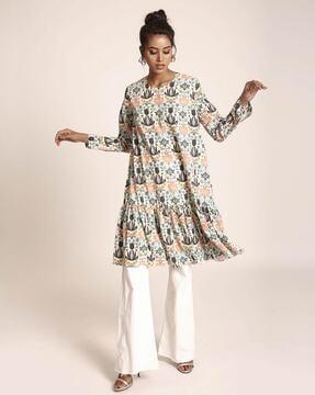 cream printed art crepe tunic