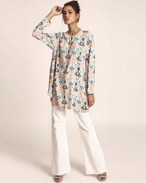 cream printed art crepe tunic