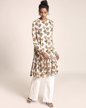 cream printed art crepe tunic