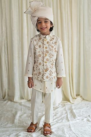 cream printed bundi jacket with kurta set for boys