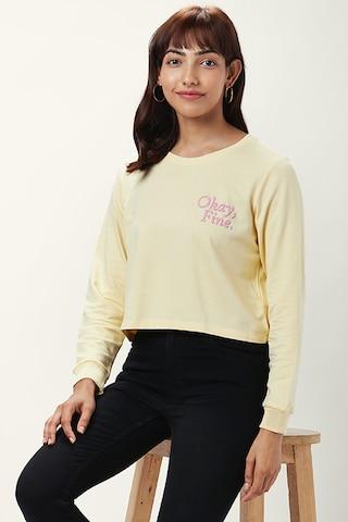 cream printed casual full sleeves round neck women comfort fit sweatshirt