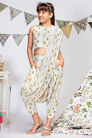 cream printed draped pant set for girls