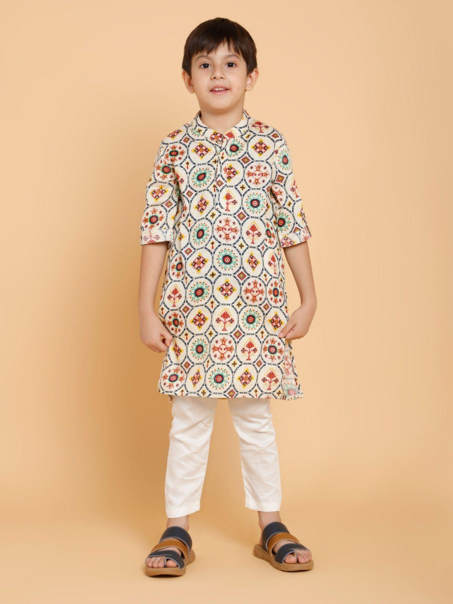 cream printed kurta with pyjama (set of 2)