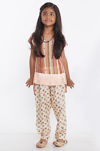 cream printed pant set for girls