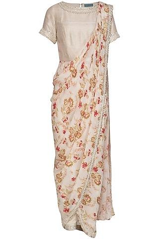 cream printed pearl pant saree set