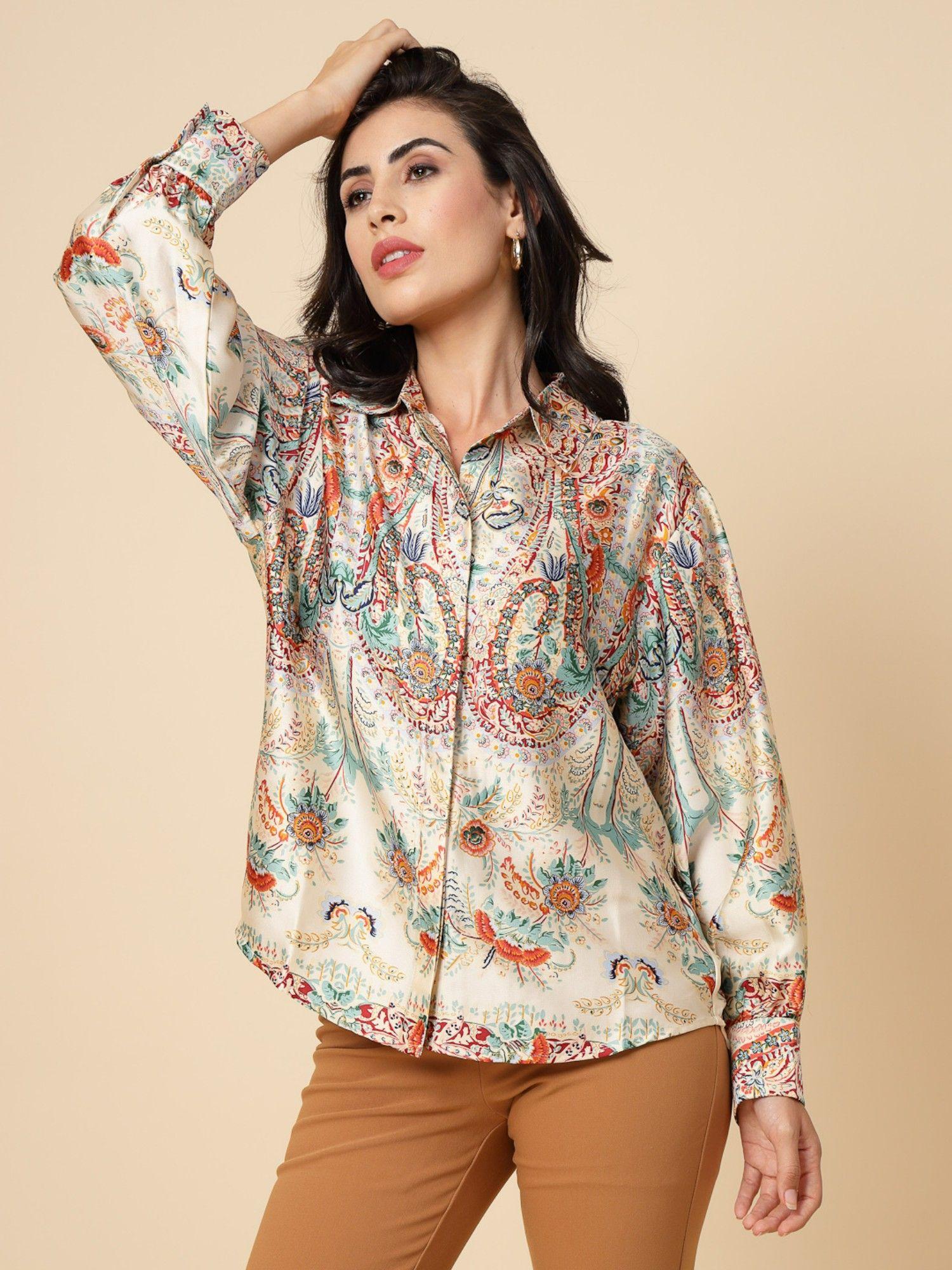 cream printed satin shirt