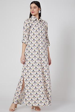 cream printed shirt dress