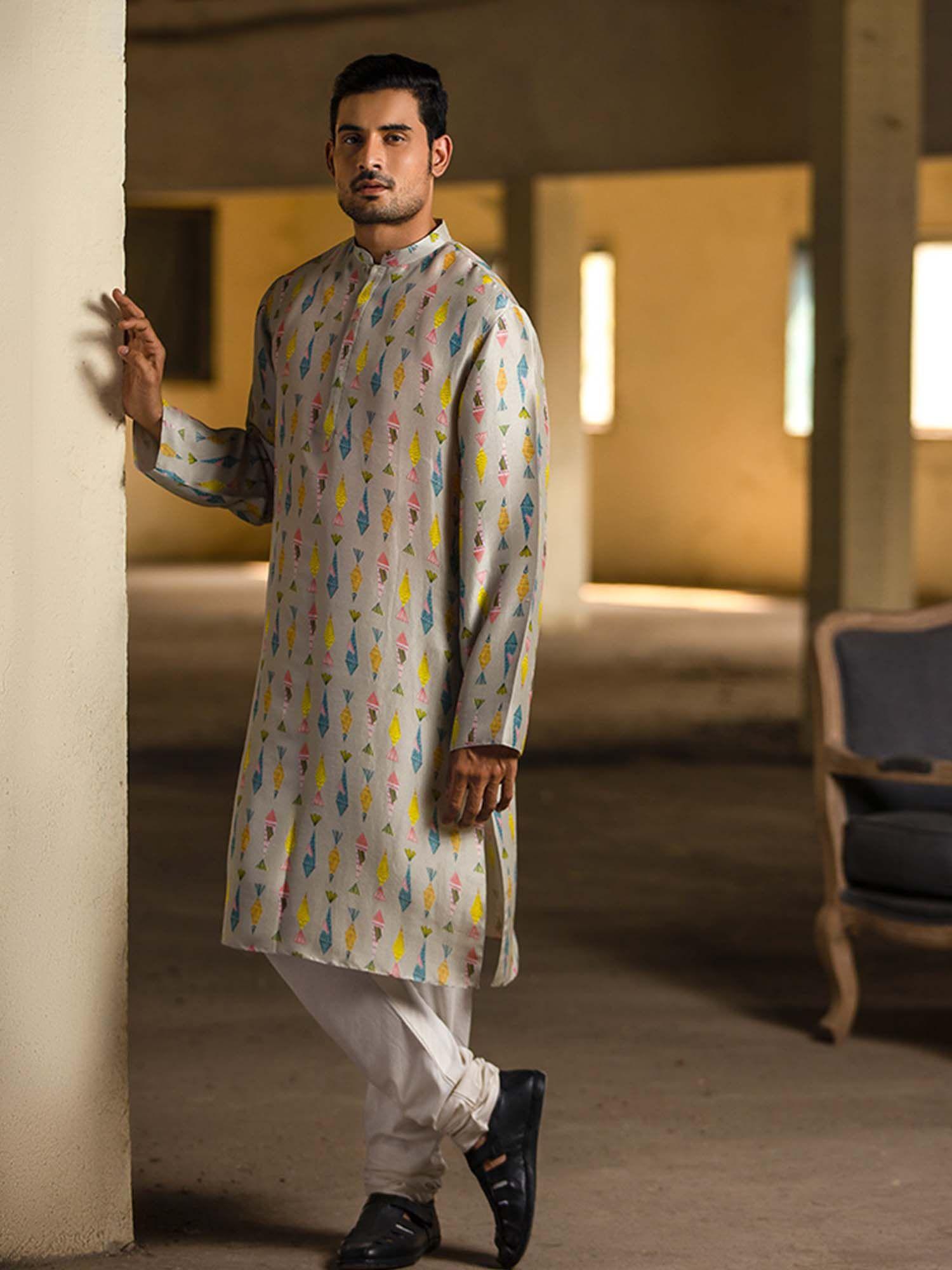 cream printed silk kurta with off white cotton silk churidar - set of 2