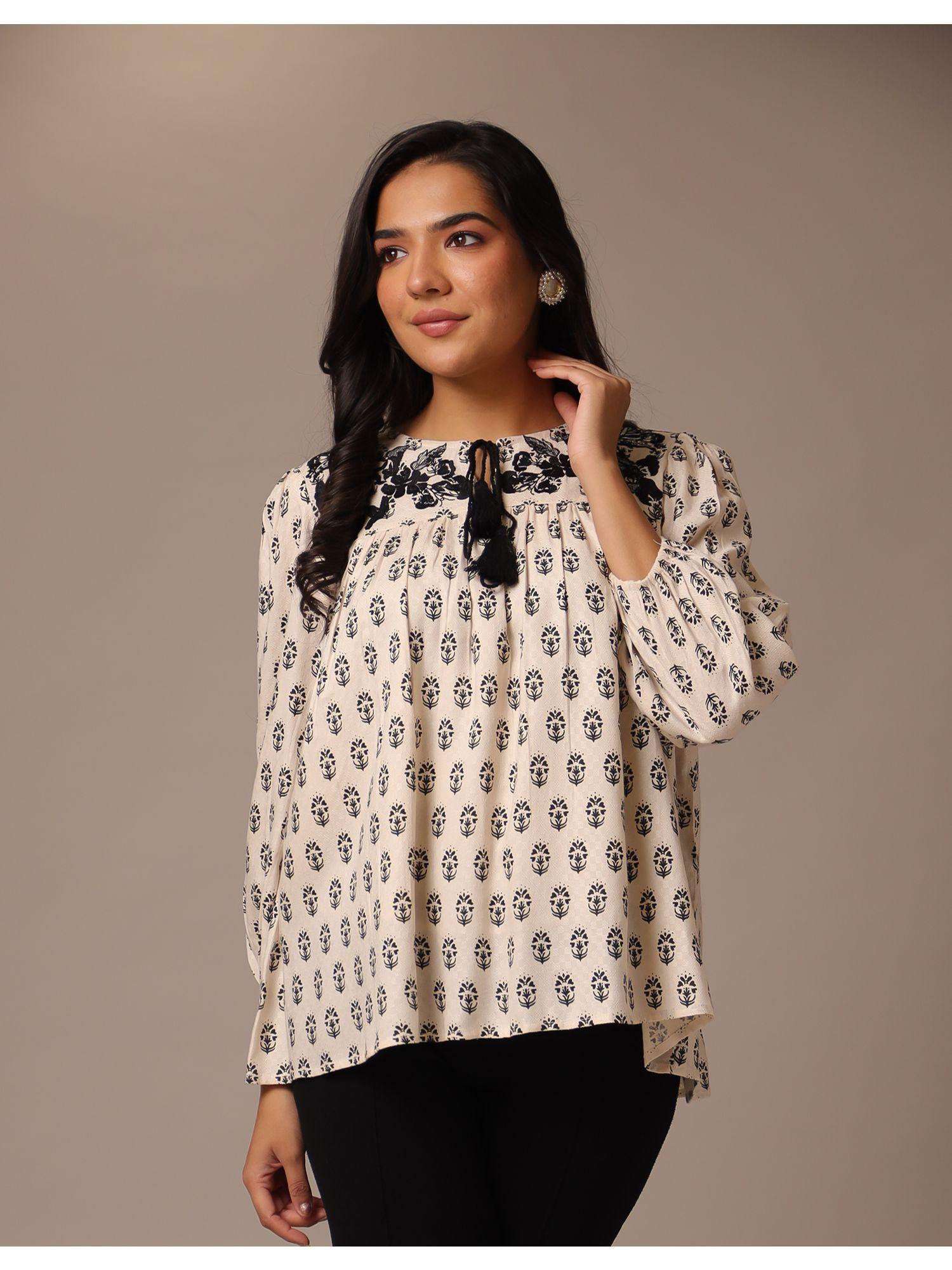 cream printed thread work balloon sleeve top