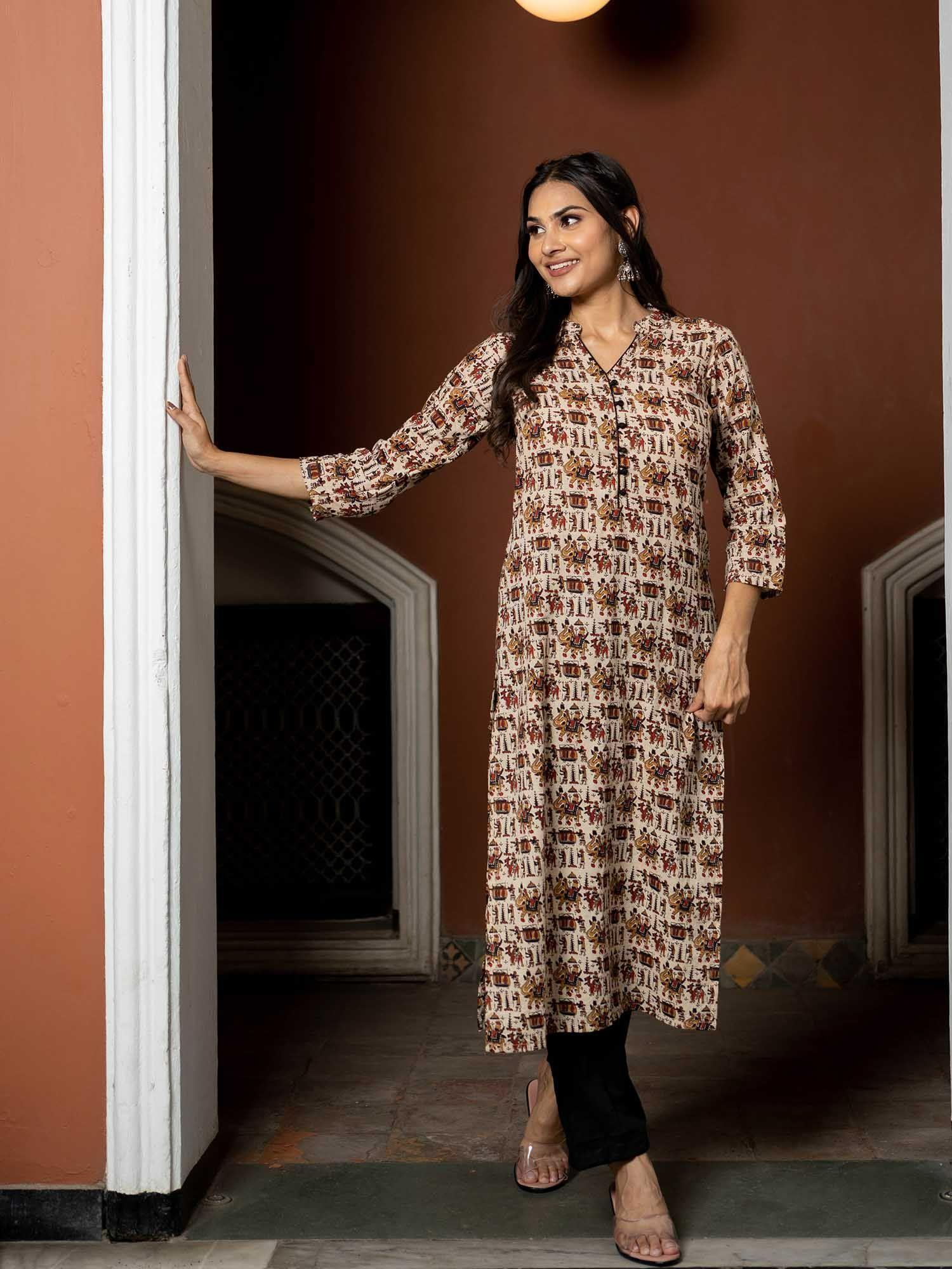 cream pure cotton block printed kurta