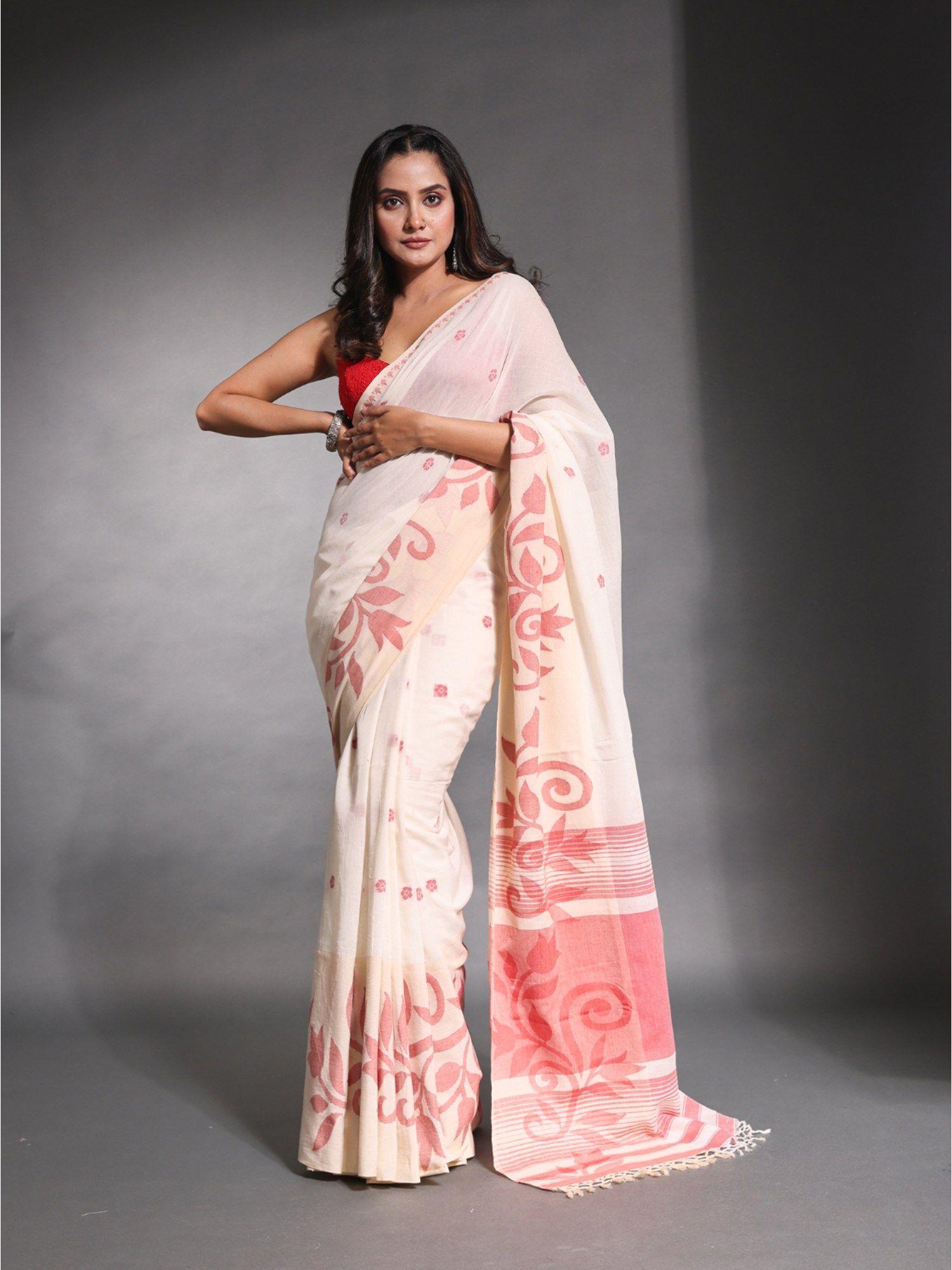 cream pure cotton soft saree with unstitched blouse