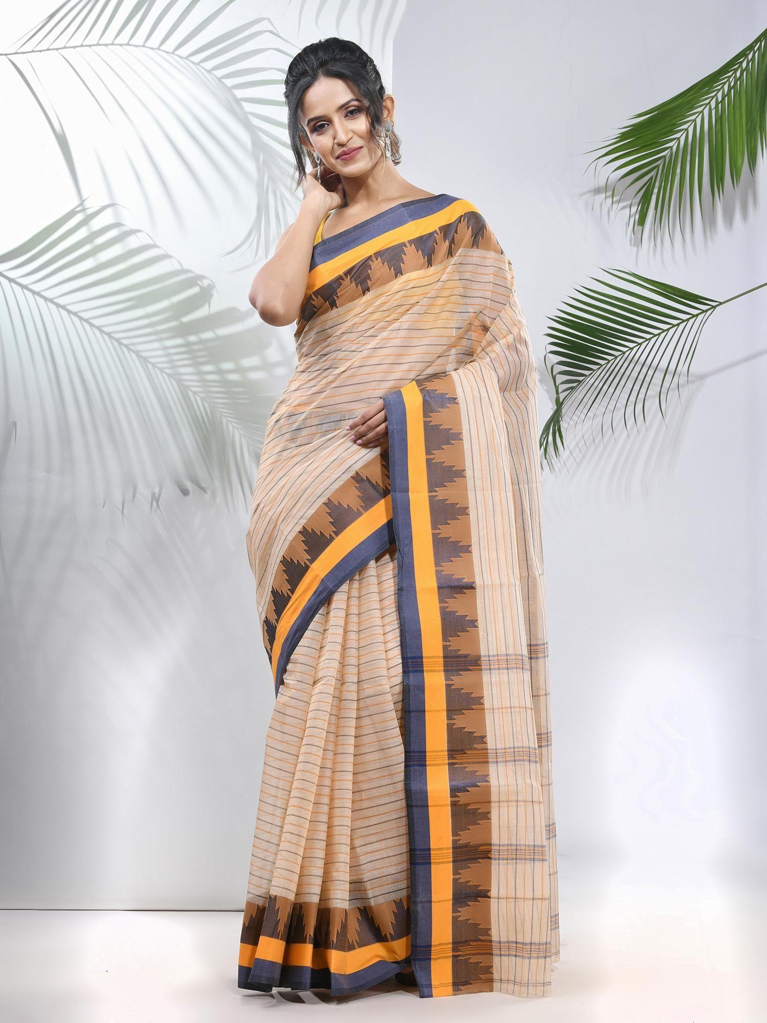 cream pure cotton tant woven designs saree with temple border without blouse