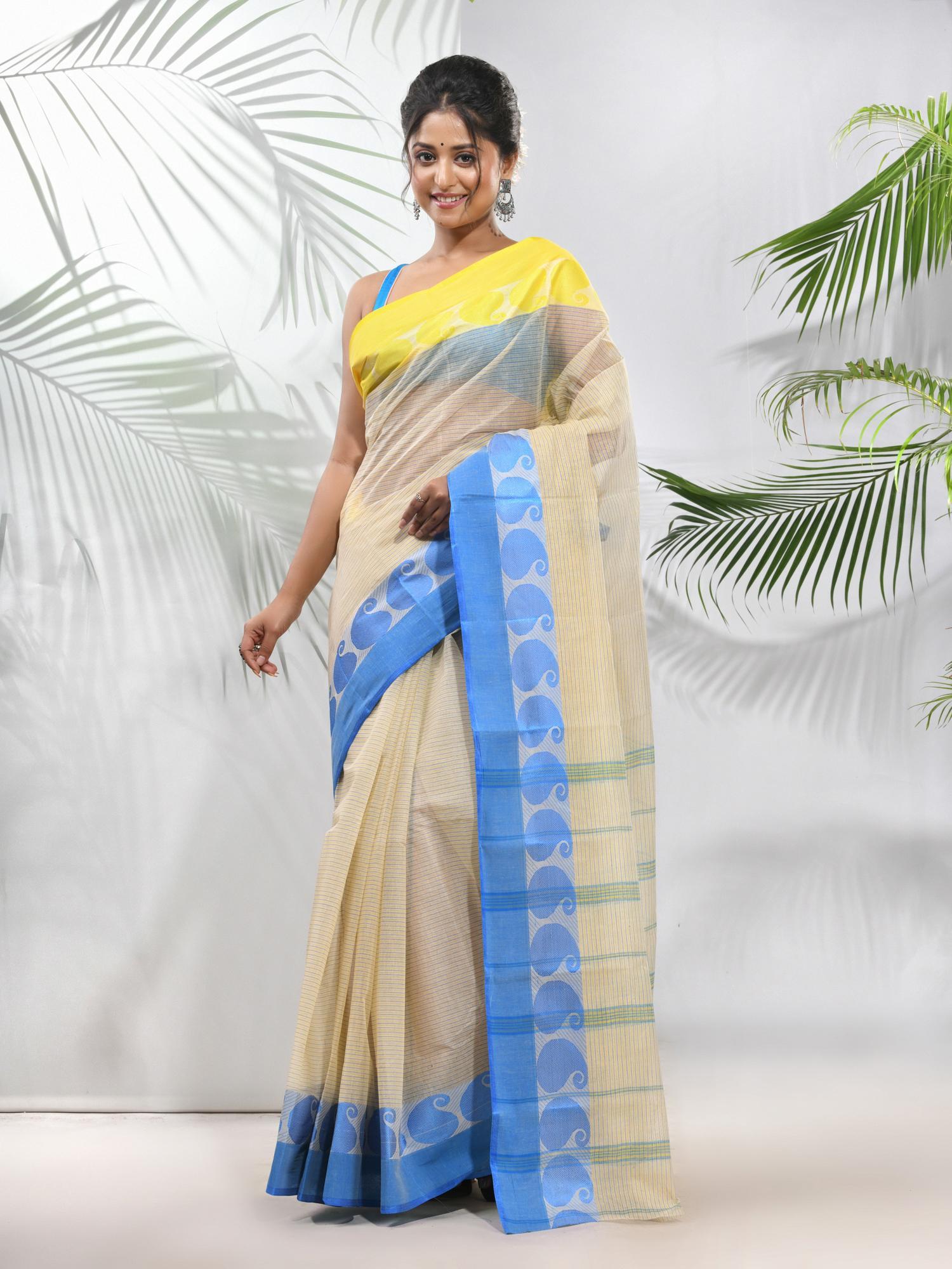 cream pure cotton tant woven designs saree without blouse