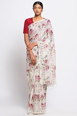 cream pure linen floral printed saree