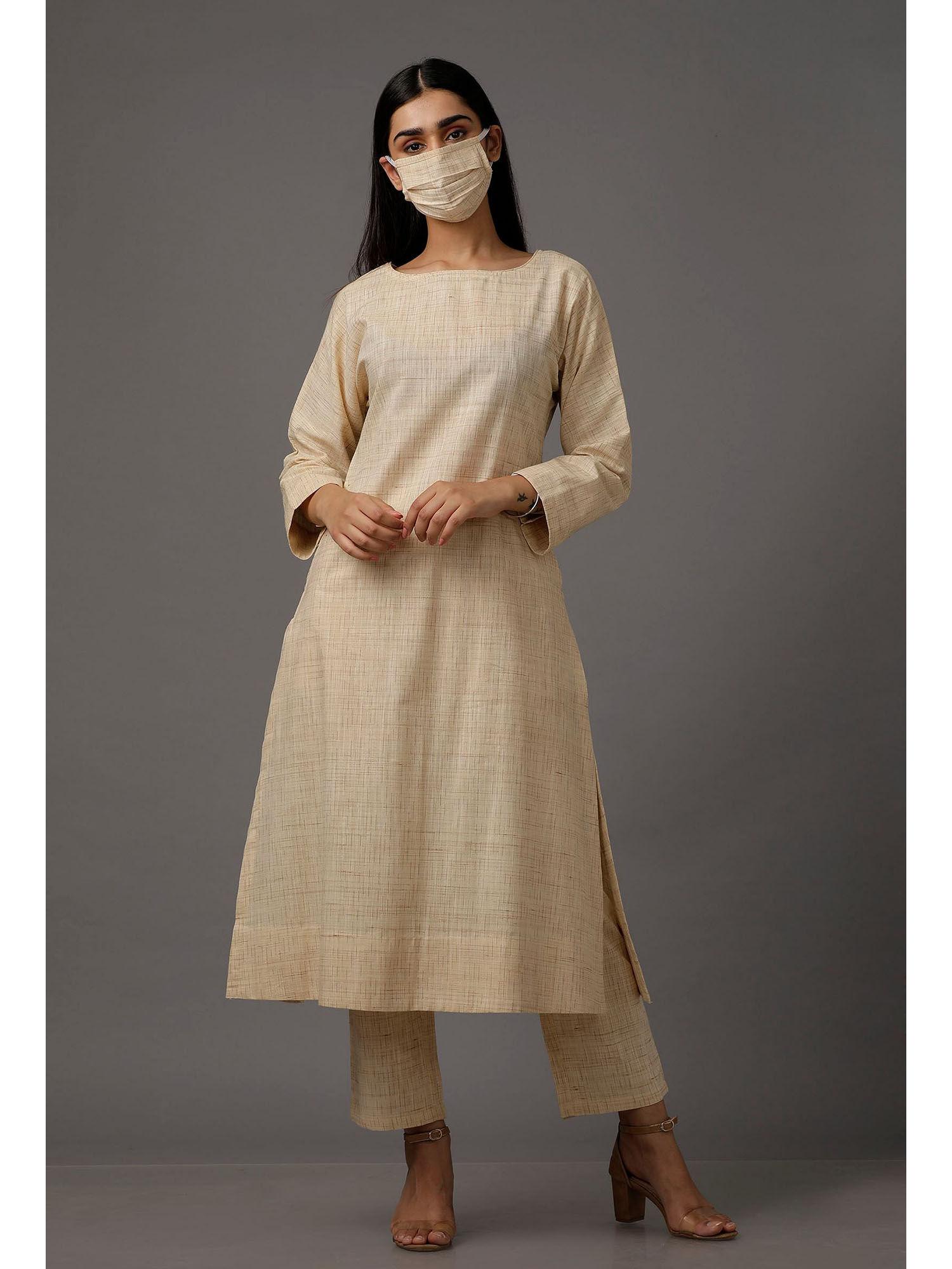 cream pure woven cotton kurta with complimentary mask (set of 2)