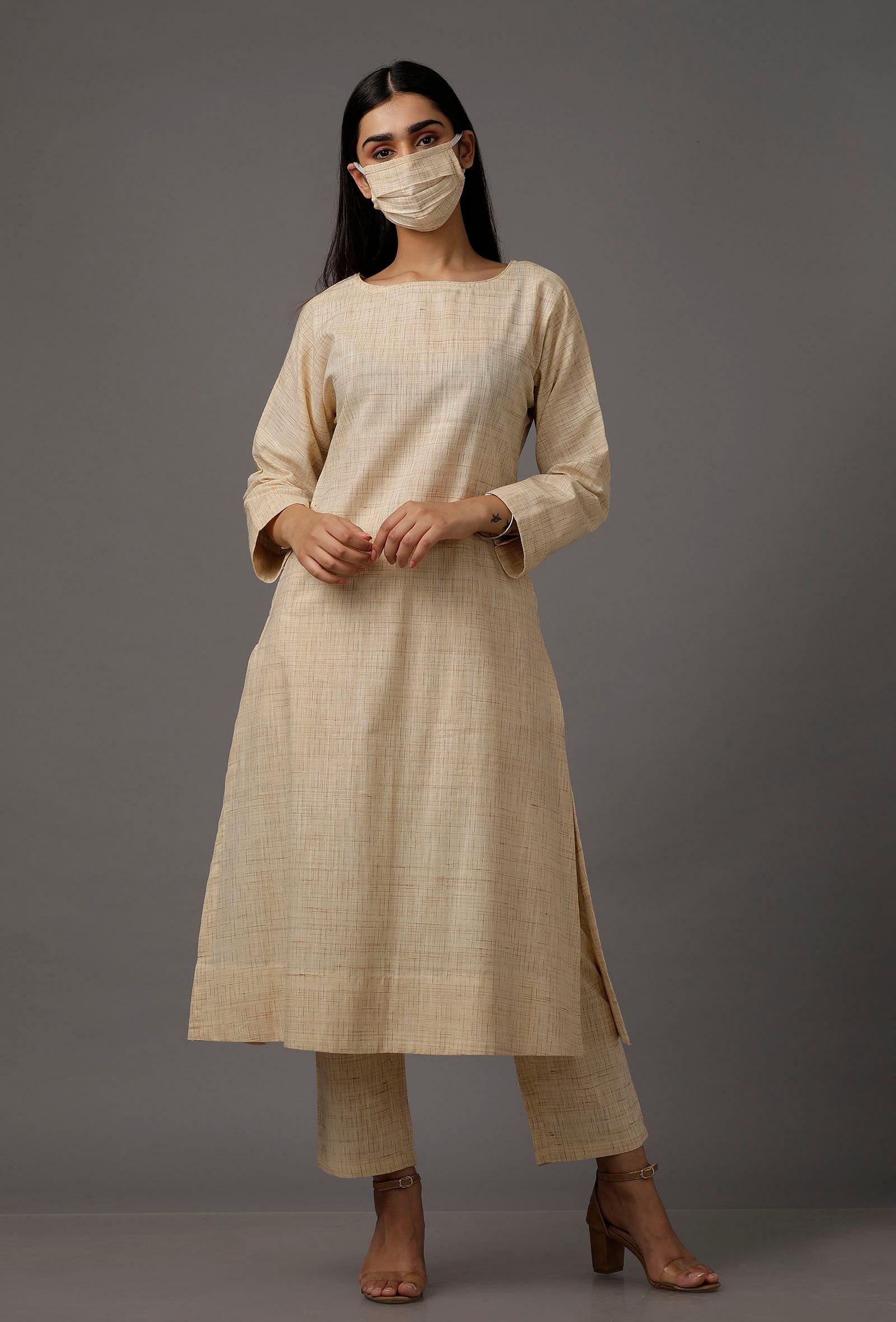 cream pure woven cotton kurta with complimentary matching mask