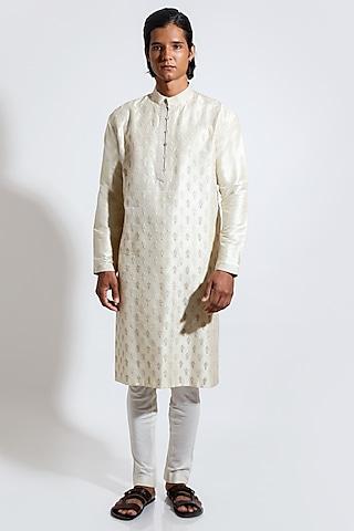 cream raw silk motif embroidered kurta set