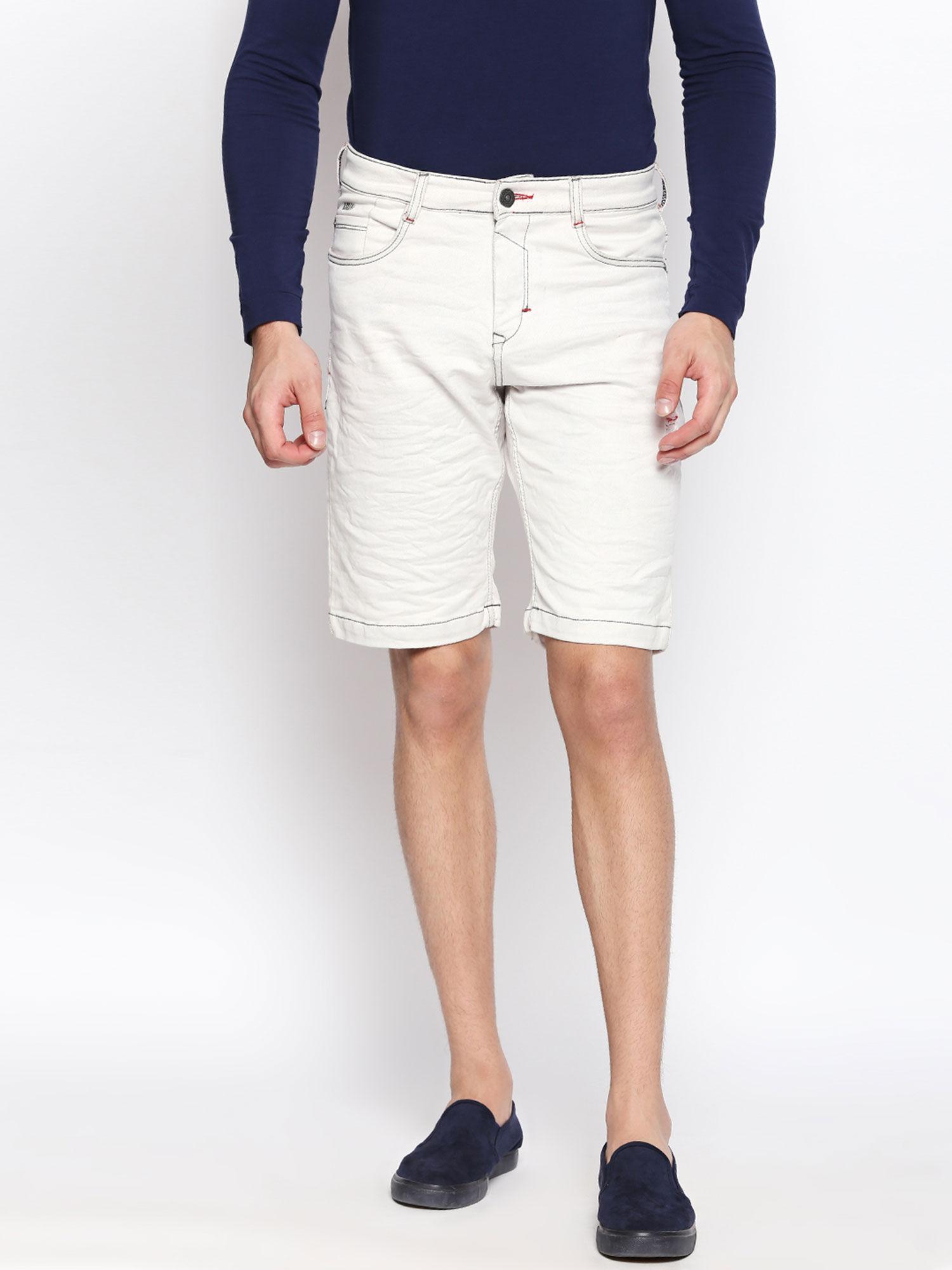 cream regular fit denim shorts for men