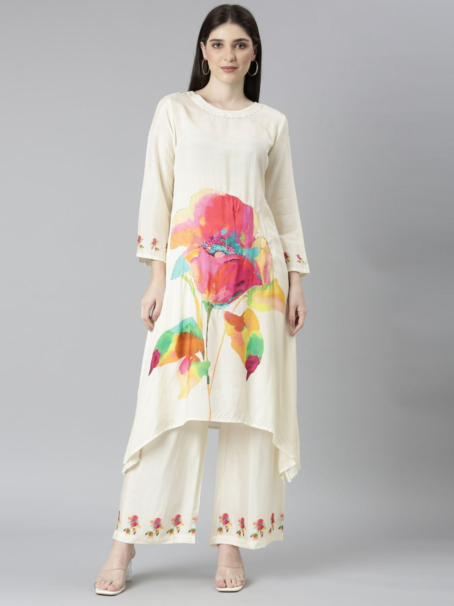 cream regular straight floral kurta and palazzo (set of 2)