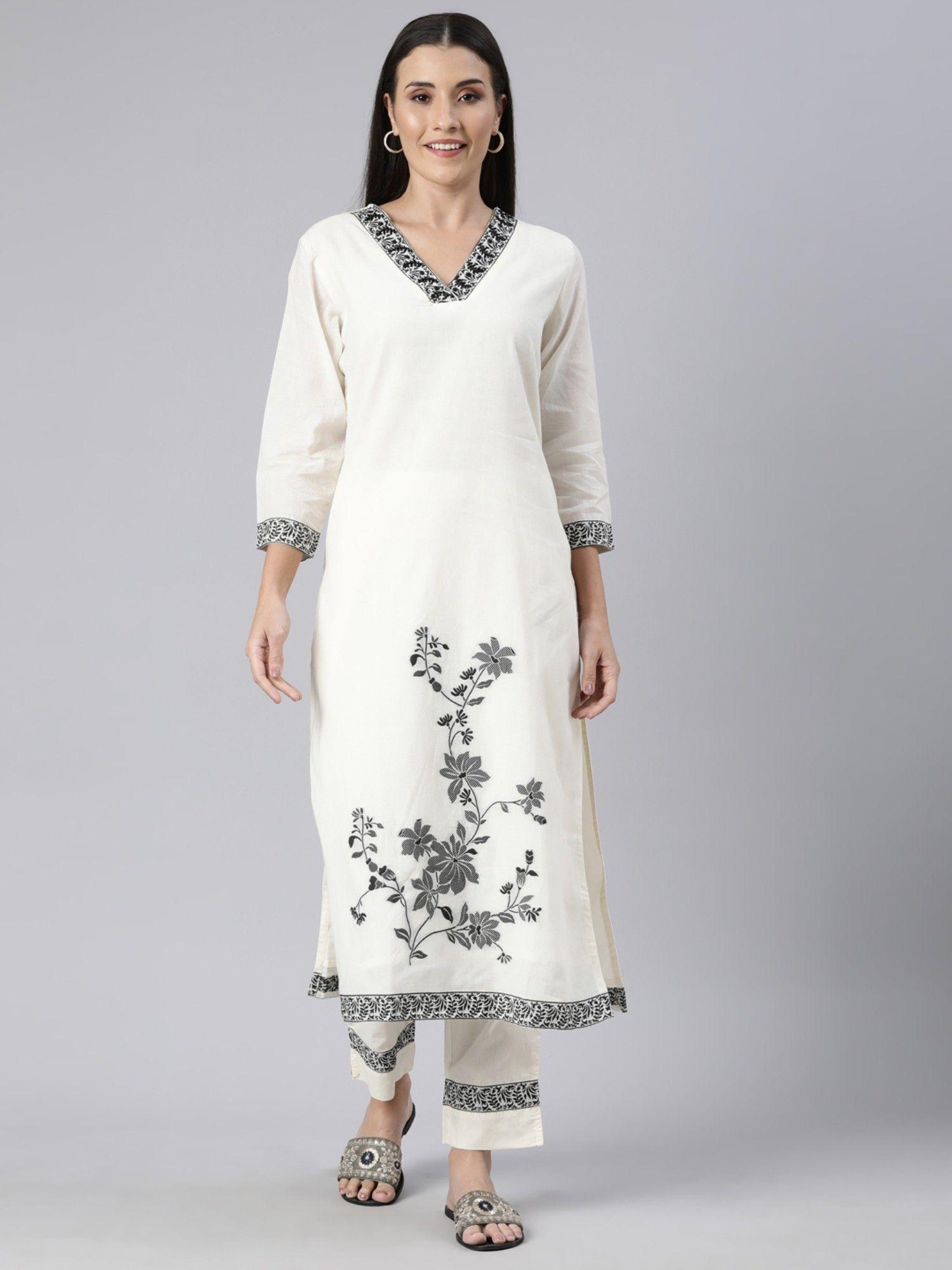 cream regular straight floral kurta and trousers (set of 2)