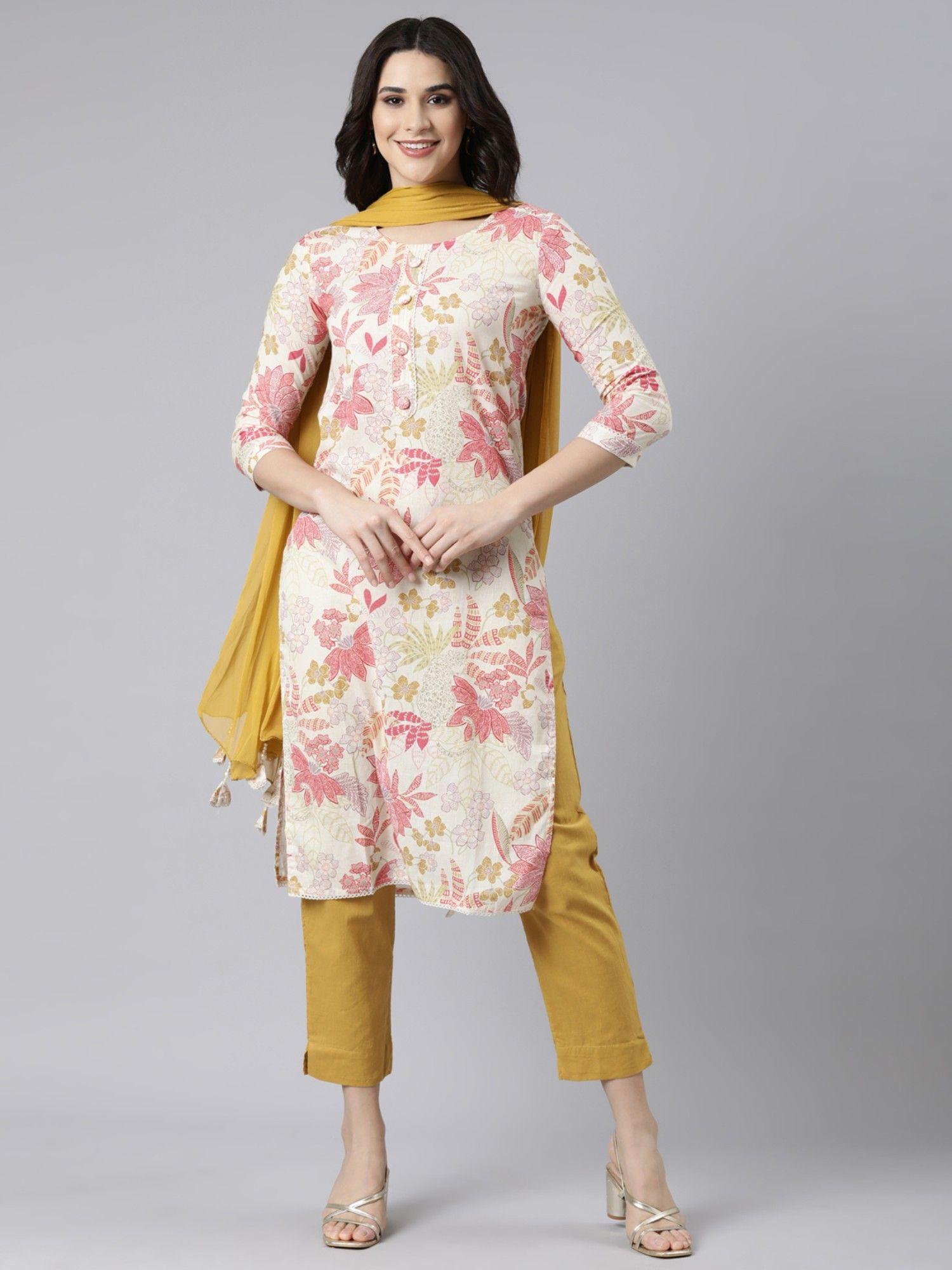 cream regular straight floral kurta and trousers with dupatta (set of 3)