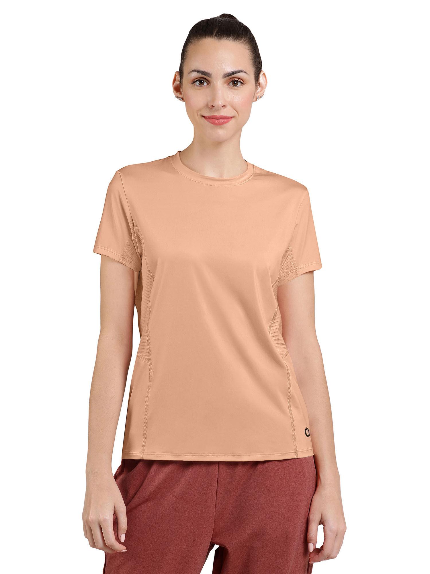 cream round neck half sleeves flaunt workout t-shirt