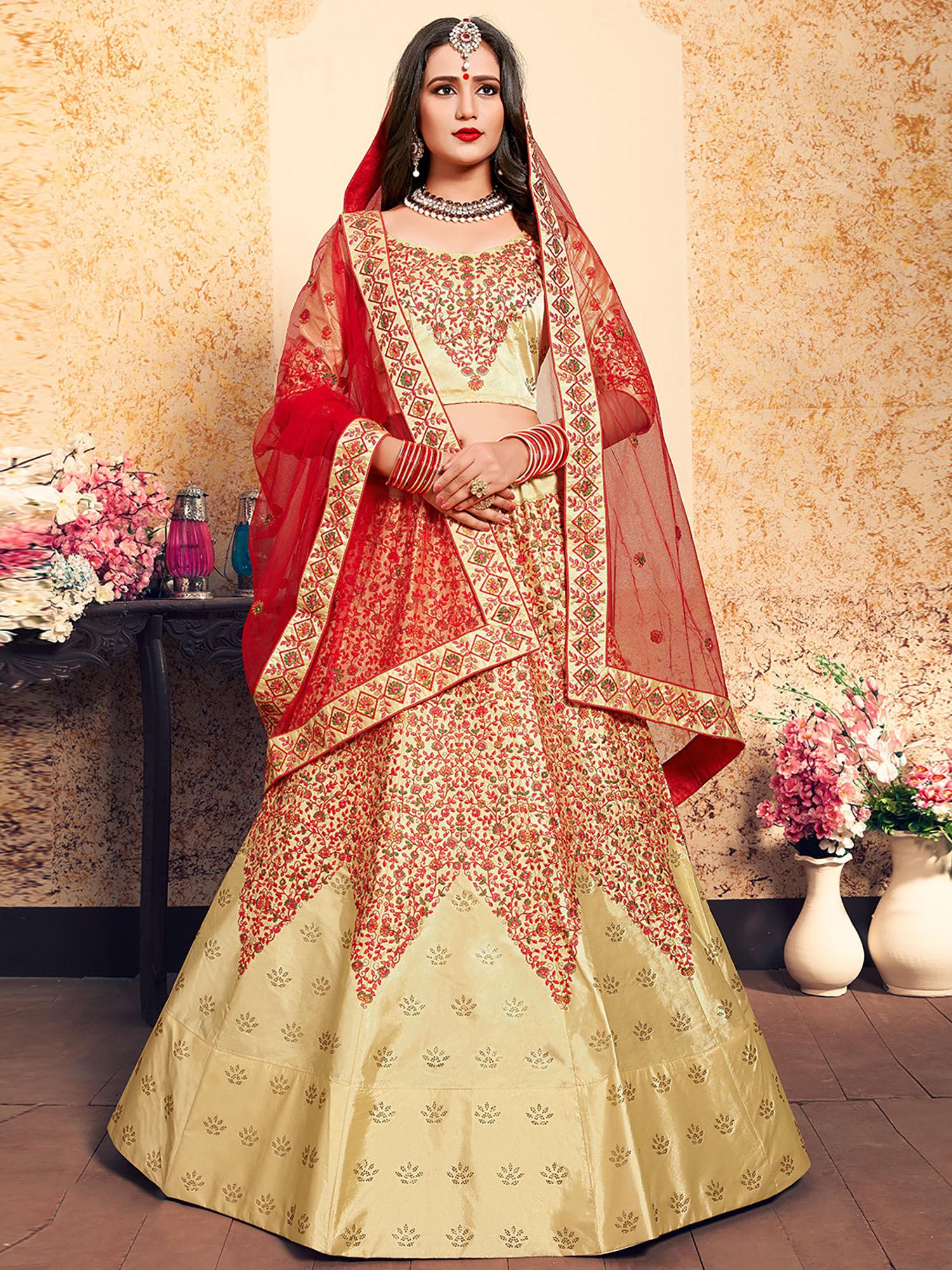 cream satin embroidered semi stitched lehenga with unstitched blouse (set of 3)