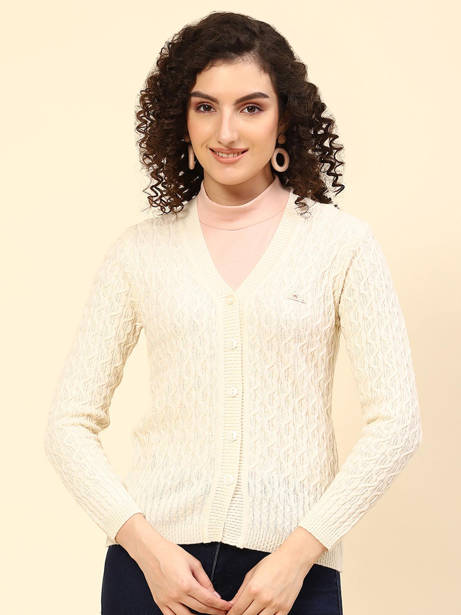 cream self design v neck cardigan