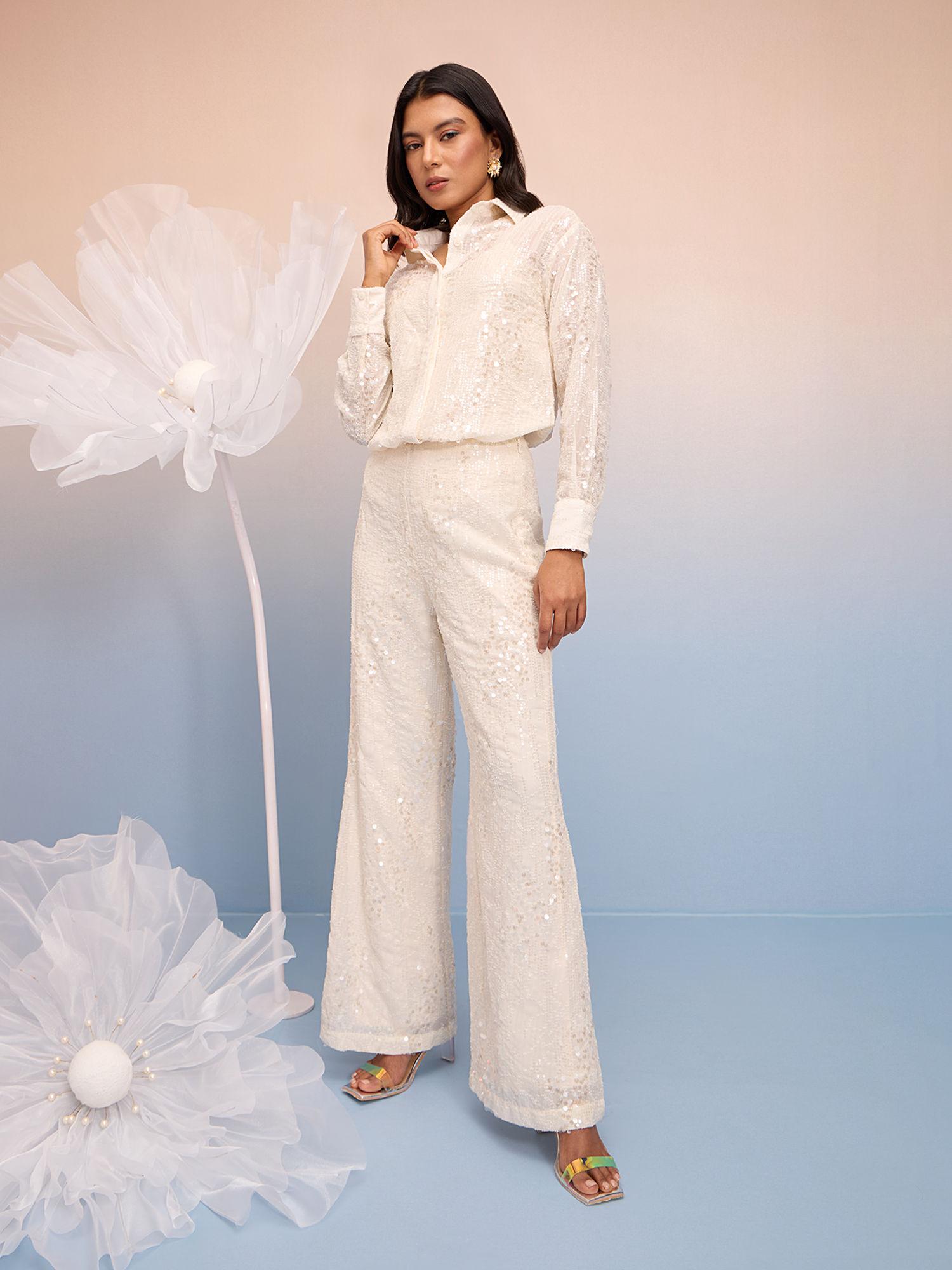 cream sequin high waist straight pants