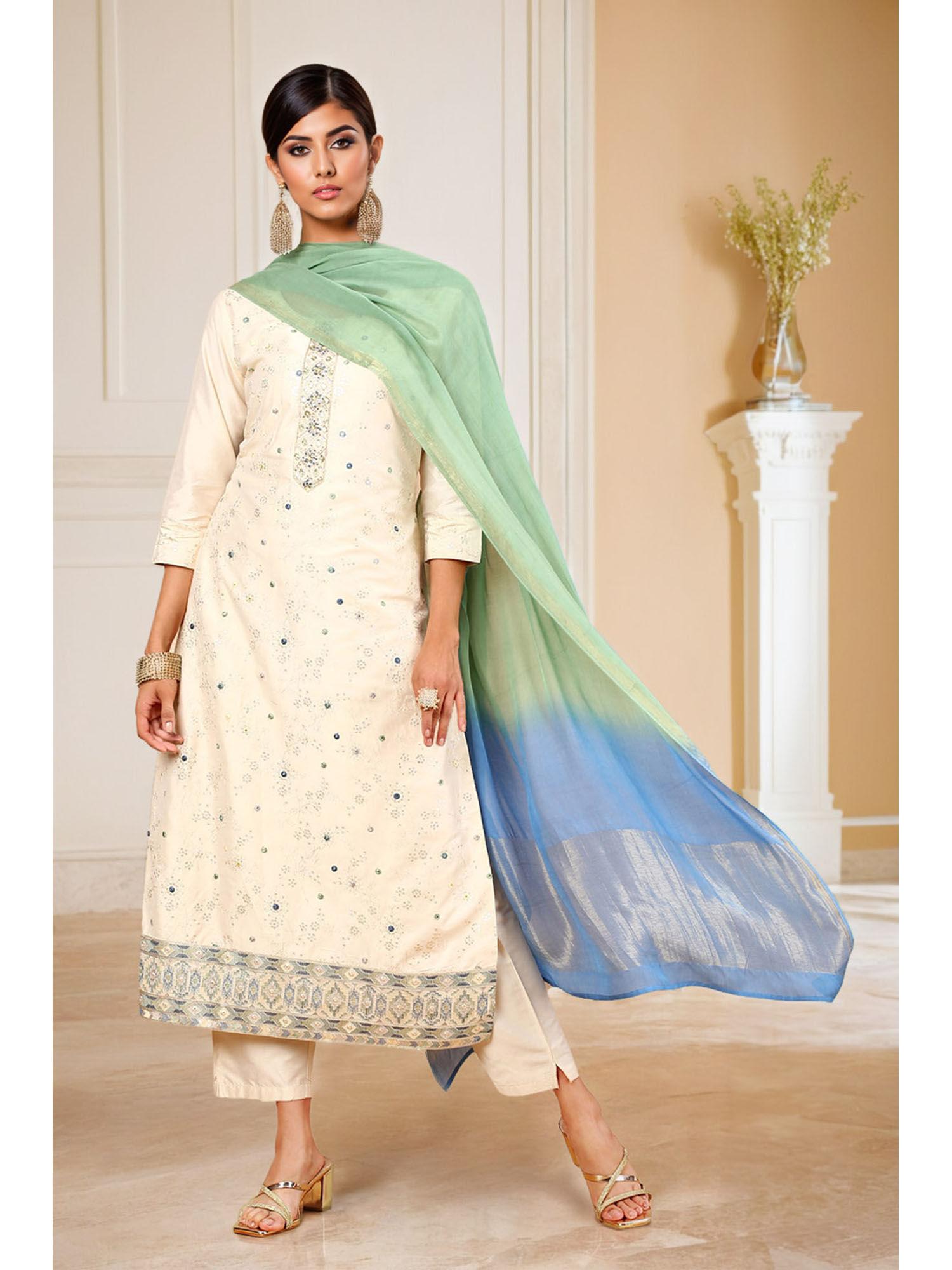 cream sequinned embellished silk blend kurta & pant with dupatta (set of 3)