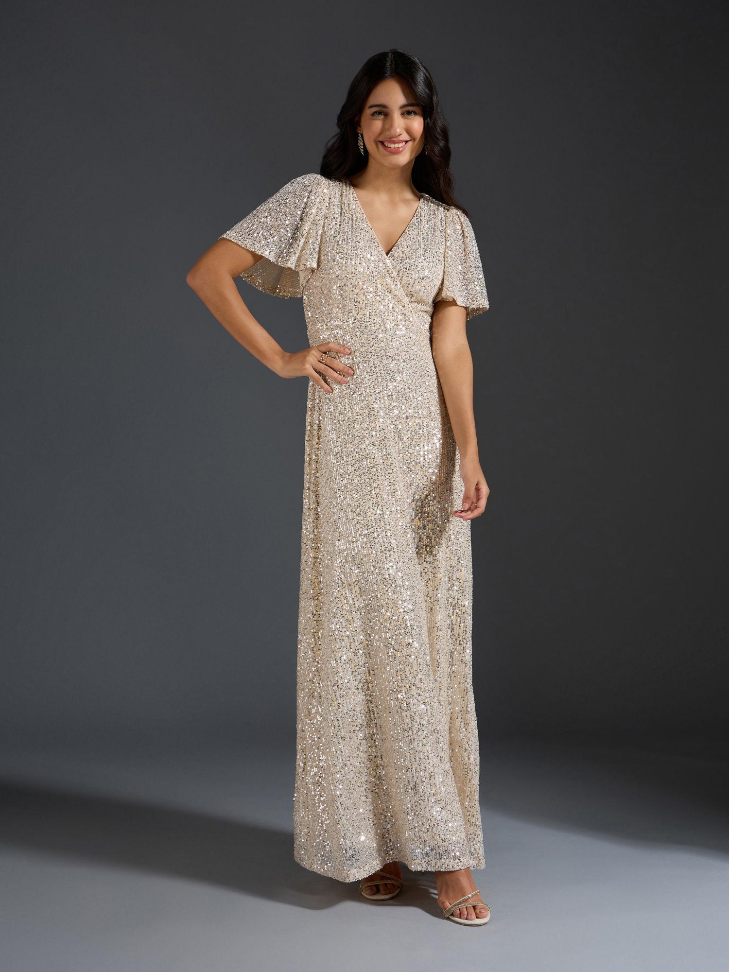 cream sequinned v neck bell sleeve fit and flare maxi dress