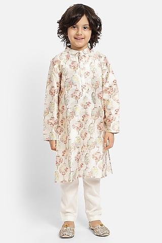 cream silk blend printed kurta set for boys