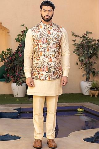 cream silk printed jawahar jacket