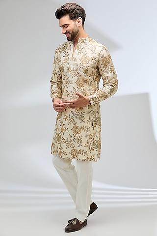 cream silk resham embroidered kurta set