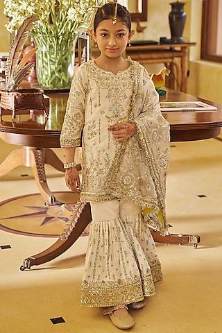 cream silk zari & sequins embroidered gharara set for girls
