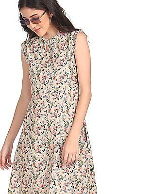 cream sleeveless flared floral print dress