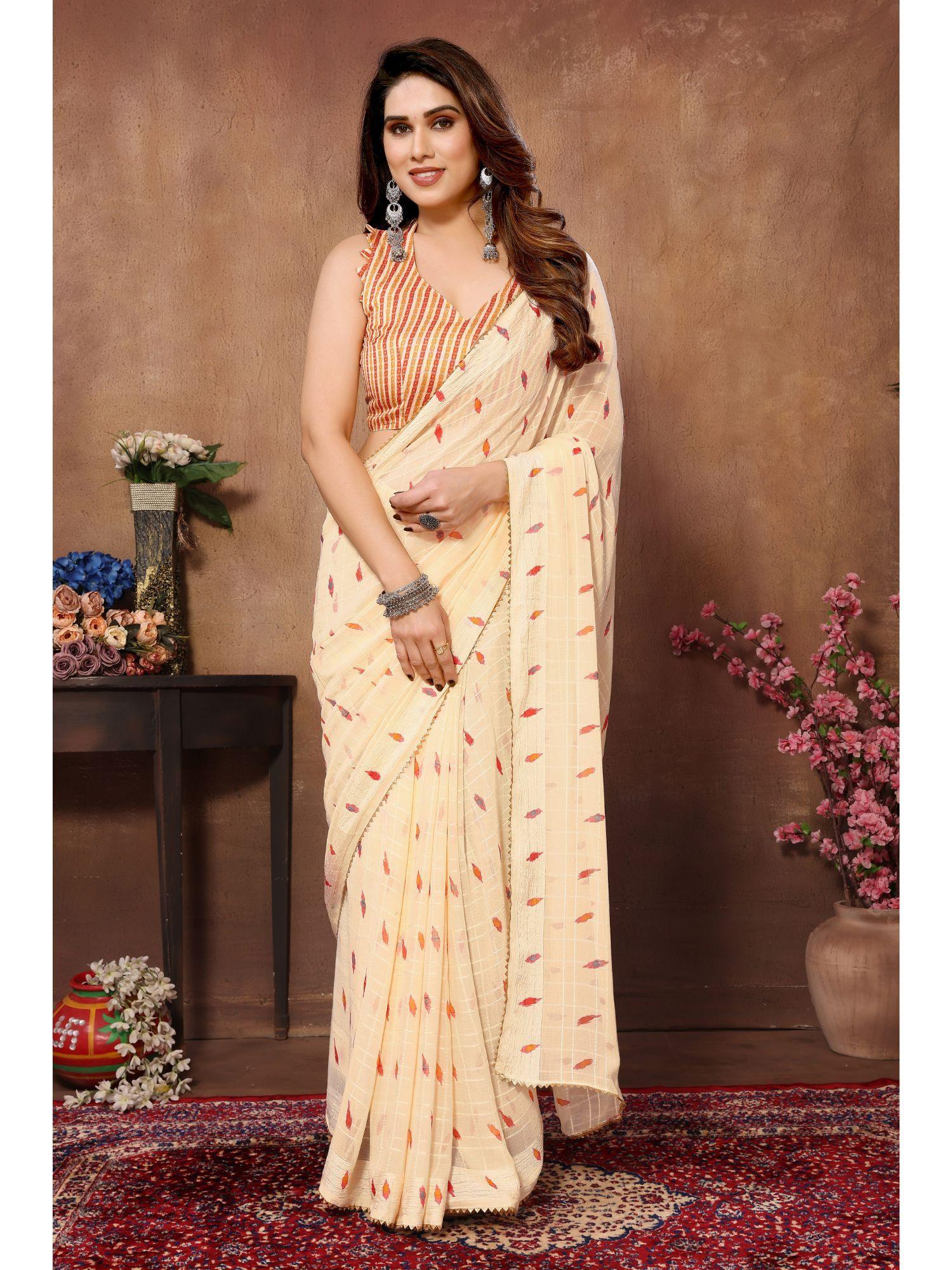 cream soft georgette printed ready to wear saree with unstitched blouse