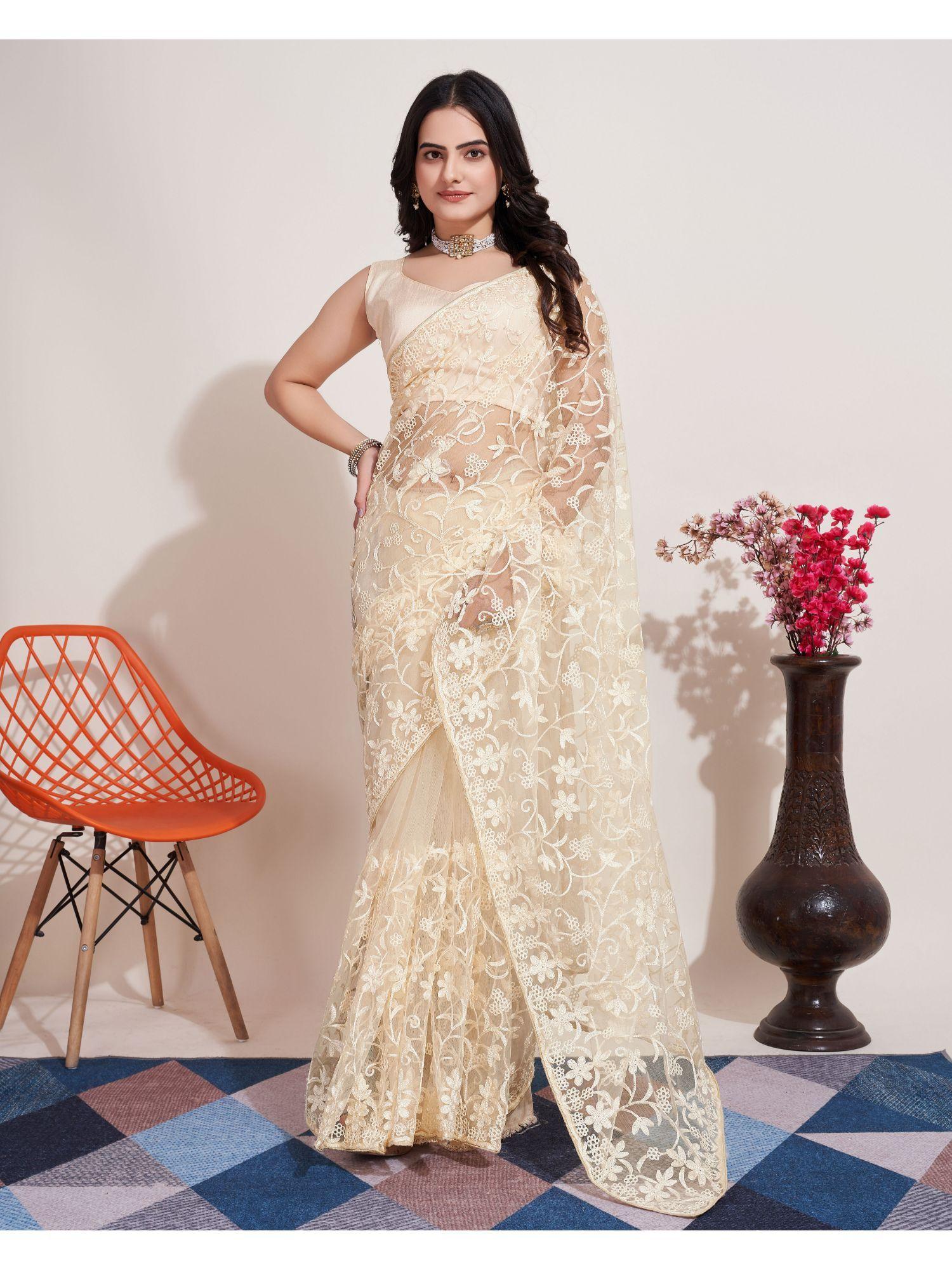 cream soft net embroidery saree & mono banglory with unstitched blouse