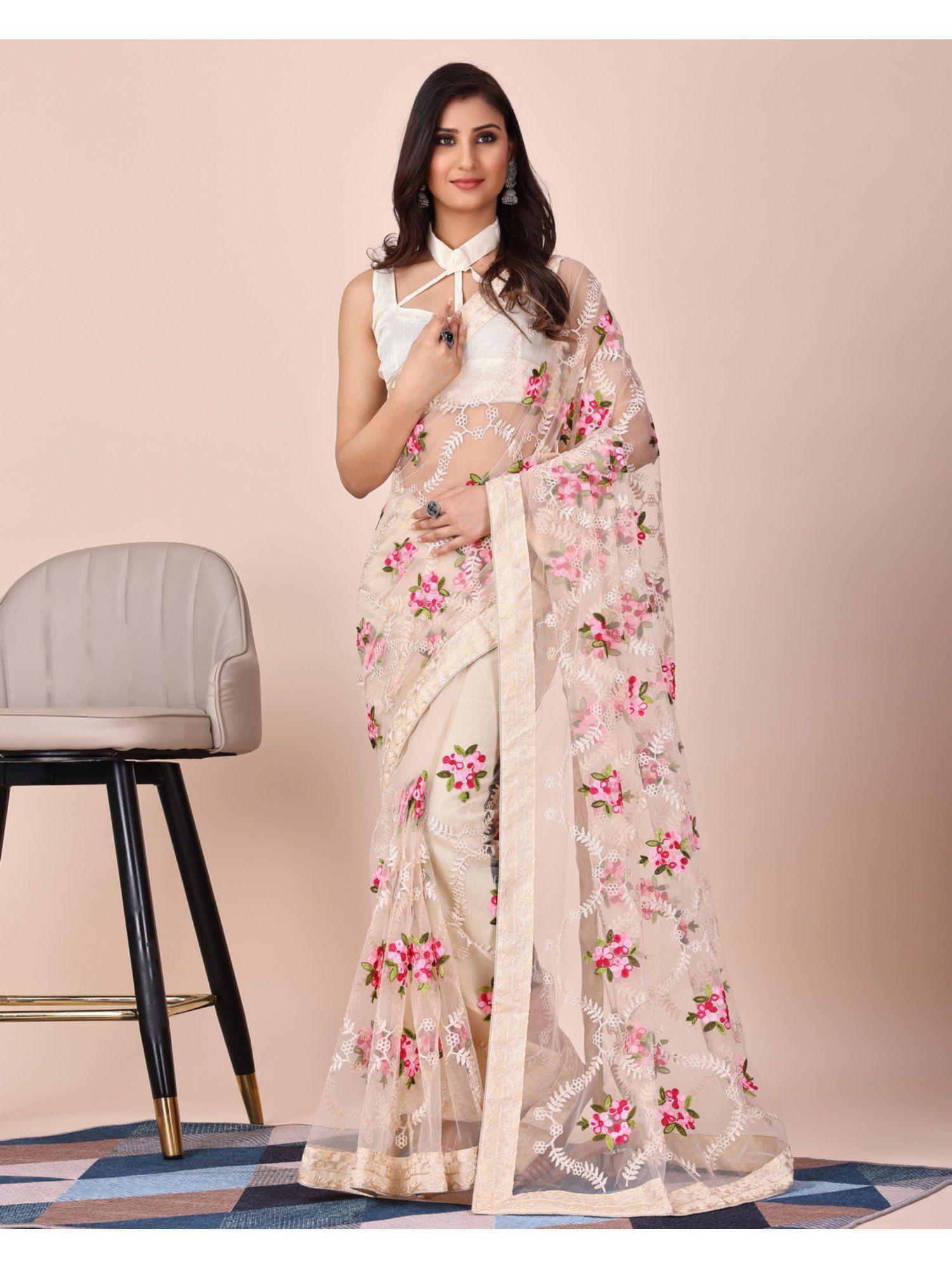 cream soft net embroidery saree with mono banglory unstitched blouse