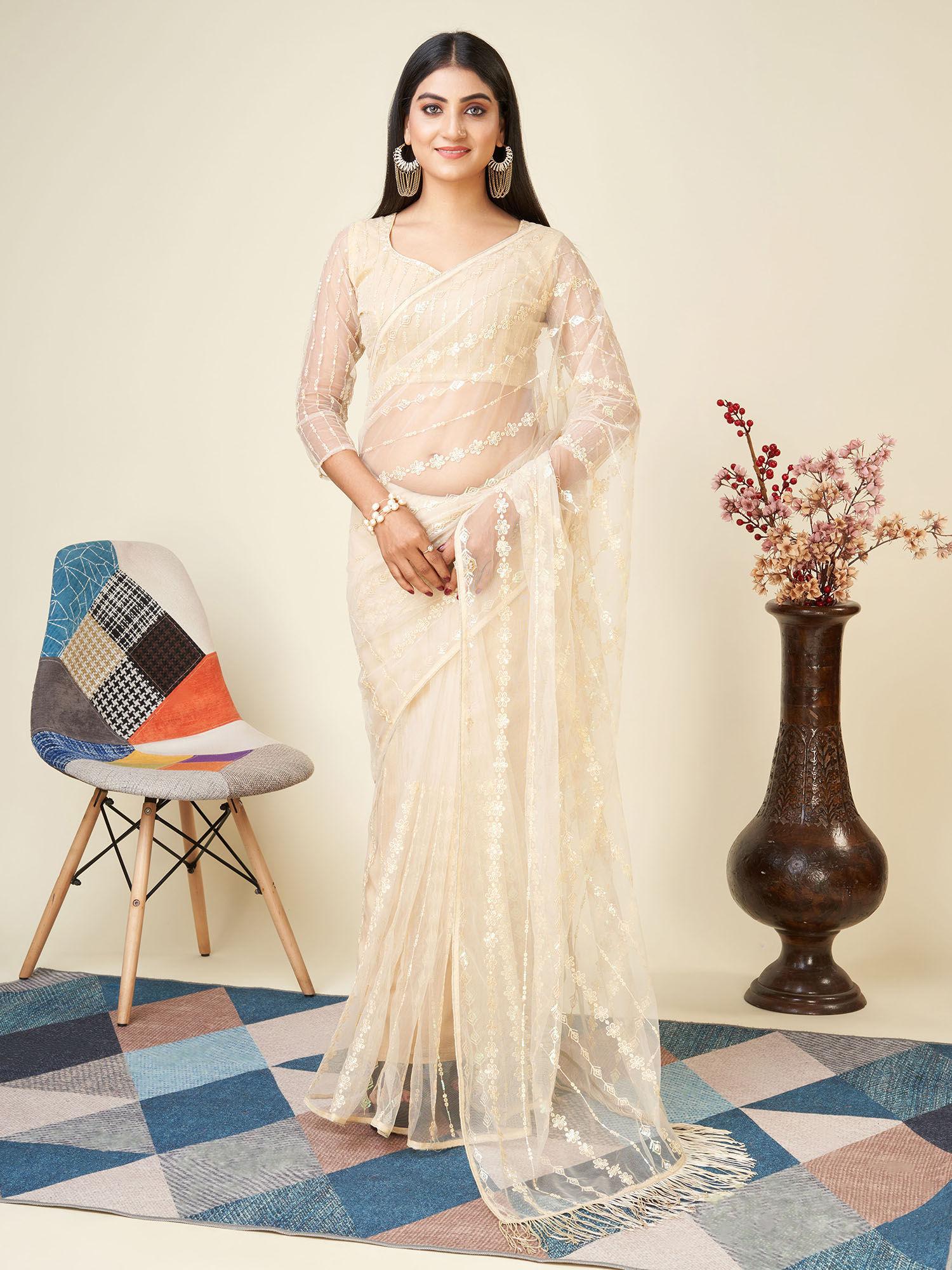 cream soft net embroidery work saree with unstitched blouse