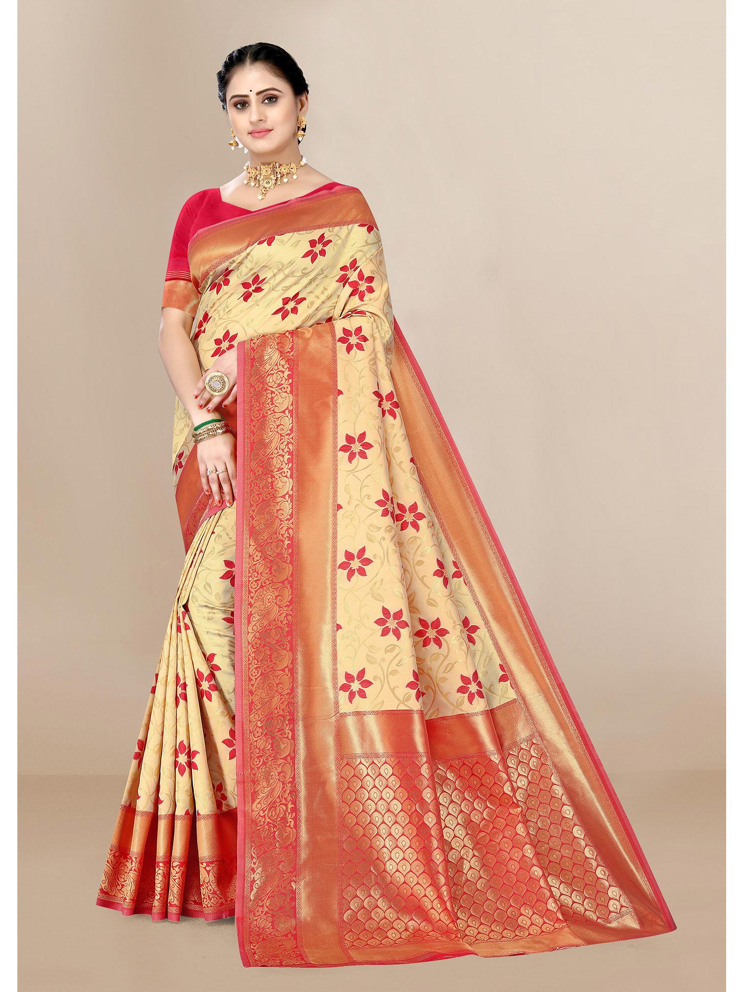 cream soft silk weaving banarasi saree with unstitched blouse