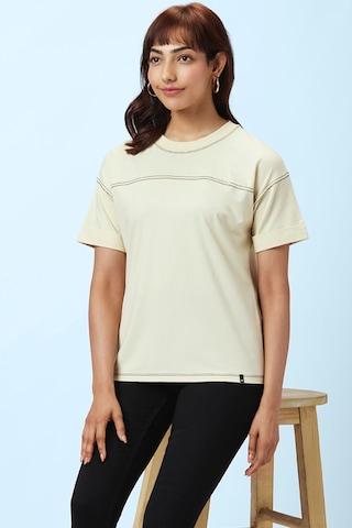cream solid casual half sleeves round neck women regular fit t-shirt