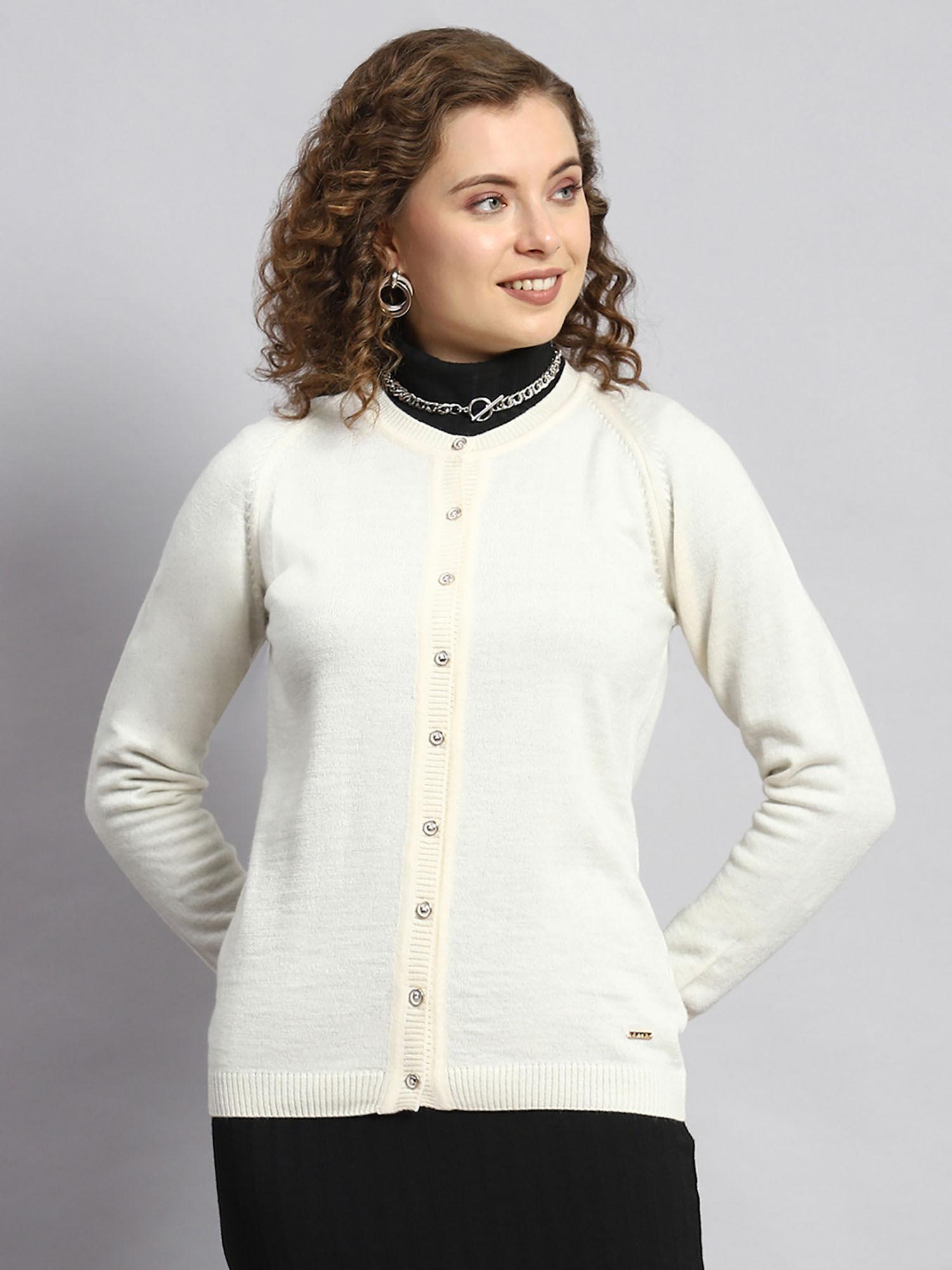 cream solid round neck cardigan