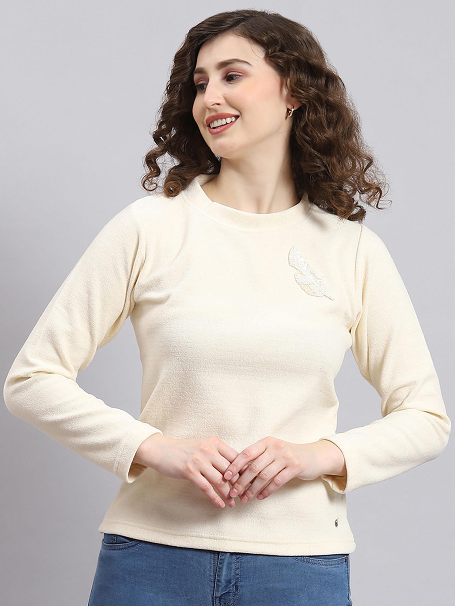 cream solid round neck sweater