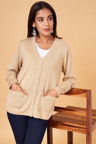 cream solid winterwear full sleeves v neck women regular fit  cardigan